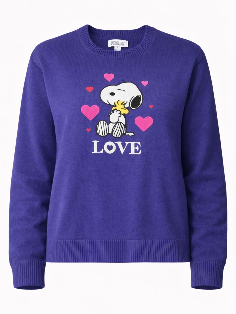 Peanuts Snoopy Sweater Women Navy Purple  LOVE Graphic Crewneck Size Large